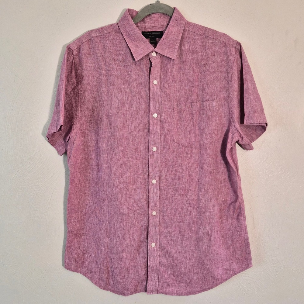 Banana Republic Mens Linen Slim Fit Short Sleeve Button Down Shirt Pink L Preppy